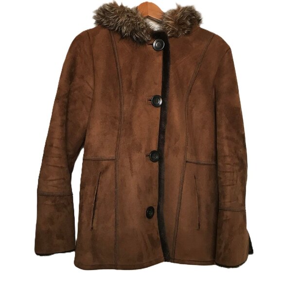 Tower by London Fog Coffee Brown Faux Small Women's Suede/Fur Hooded Coat - Picture 1 of 11